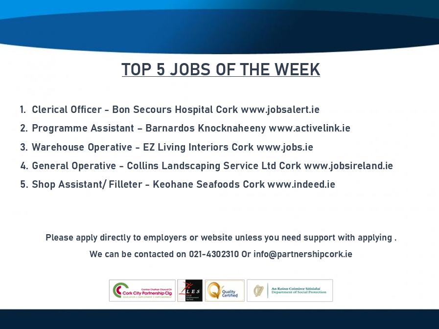 #HappyFriday everyone 😀 Here are the top 5 jobs of the week around #Cork . If you need support with your CV or interview skills please contact us on 0214302310 or email info@partnershipcork.ie #jobsireland #jobs #jobsearch #jobseeker #jobfairy @welfare_ie