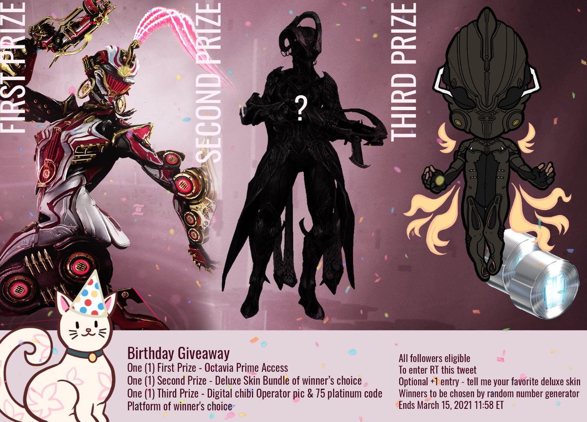 studiocyen's tweet photo. 🎁Celebrate with our Birthday Giveaway🎁
🎶Octavia Prime Access
🎶Deluxe skin bundle
🎶Chibi Operator pic &amp; 75 plats

To enter RT this tweet. Additional +1 entry by telling me your favorite deluxe skin.  Followers eligible and no giveaway accounts/QRT. Ends March 15, 11:58 ET https://t.co/stOesS7G2h