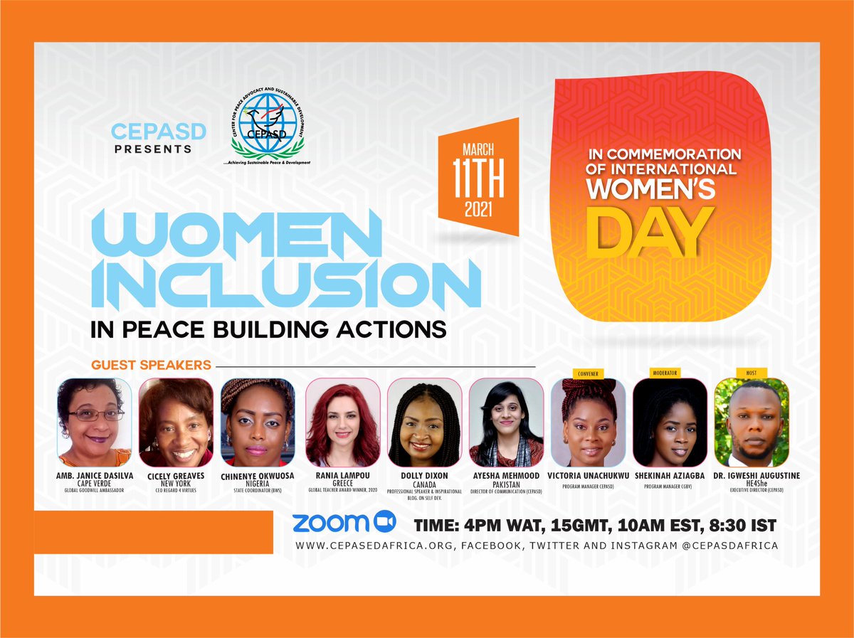 CEPASDAfrica's tweet photo. @CEPASDAfrica to commemorate International women's day with the theme Women Inclusion Peace Building Actions @UN_Women @unwomenNG @us_ypscoalition @AderonkeW  @Peace_Women @wto @NOIweala @VP @AminaJMohammed @PaulineKTallen @FirstLadyBio @aishambuhari @AishaYesufu @UN_PGA @UN https://t.co/JxvggBWkd3