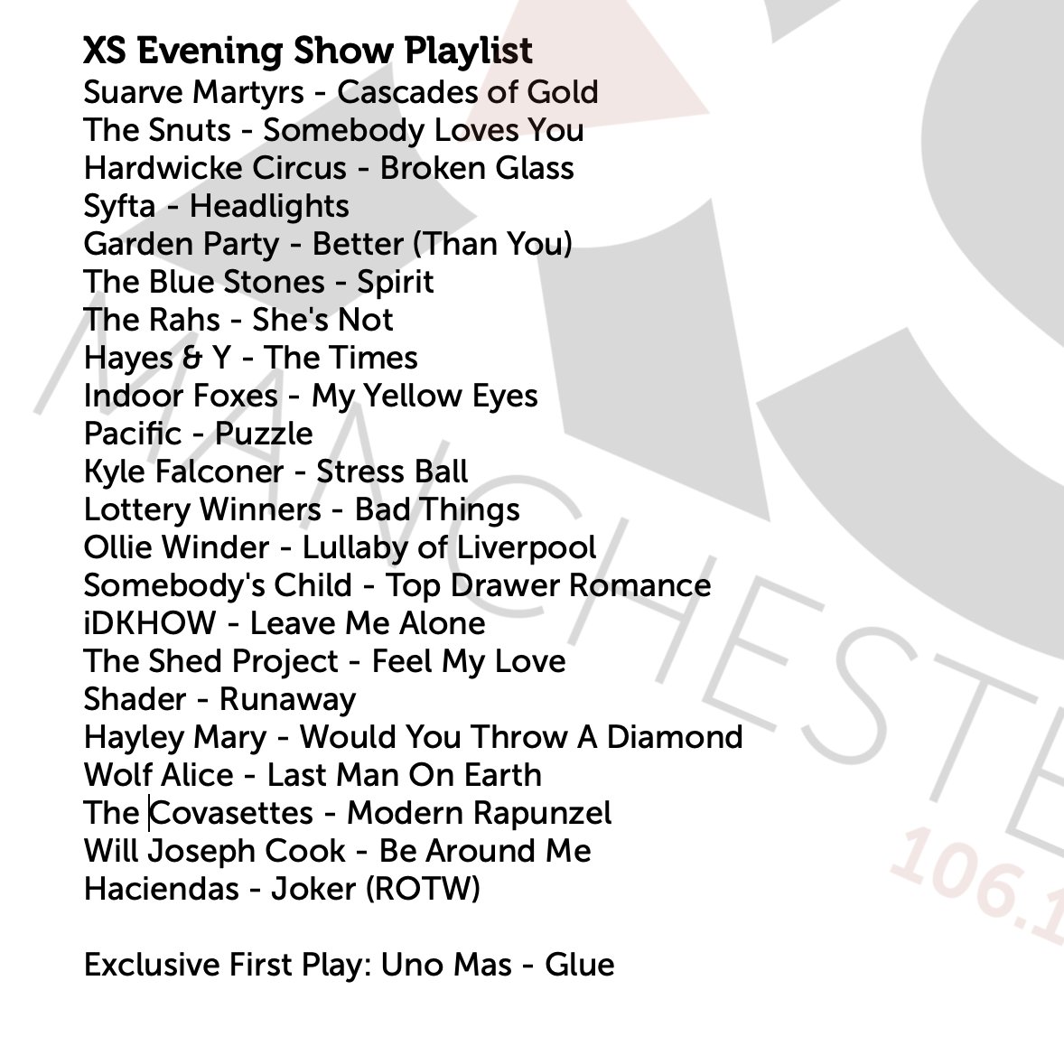 Jim Salveson (@mr_jimbob) on Twitter photo Almost Monday again.
Bad for some reasons but GREAT that we've added a whole load of new tunes to the #XSEveningShow playlist!
Big lovely welcome hugs too <a href="/hayleymarymusic/">Hayley Mary</a> <a href="/wolfalicemusic/">Wolf Alice</a> <a href="/TheCovasettes/">The Covasettes ๐</a> <a href="/WillJosephCook/">Will Joseph Cook</a> <a href="/UNOMASband/">UNO MAS</a> and <a href="/HaciendasThe/">T H E H A C I E N D A S</a>!
Back on 106.1FM Mon at 7pm! Almost Monday again.
Bad for some reasons but GREAT that we've added a whole load of new tunes to the #XSEveningShow playlist!
Big lovely welcome hugs too <a href="/hayleymarymusic/">Hayley Mary</a> <a href="/wolfalicemusic/">Wolf Alice</a> <a href="/TheCovasettes/">The Covasettes ๐</a> <a href="/WillJosephCook/">Will Joseph Cook</a> <a href="/UNOMASband/">UNO MAS</a> and <a href="/HaciendasThe/">T H E H A C I E N D A S</a>!
Back on 106.1FM Mon at 7pm!