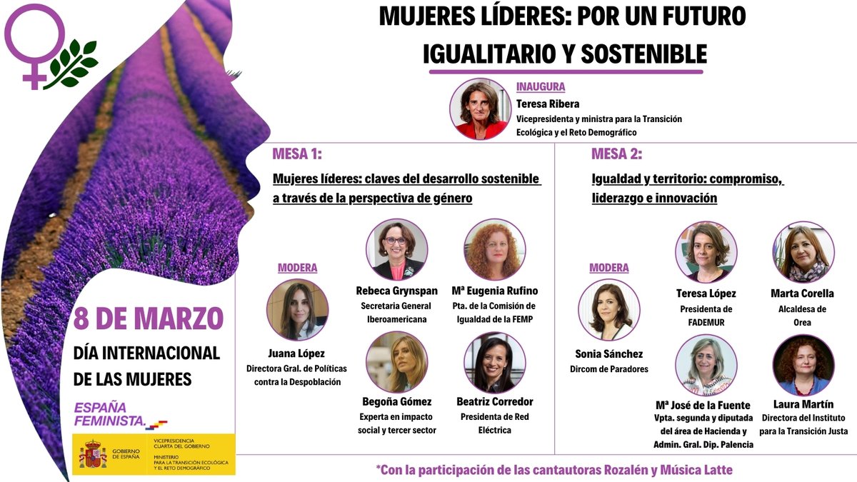 📢 Recuerda que el lunes #8M2021 nos sumamos al #DíaInternacionalDeLaMujer con la jornada 'Mujeres líderes: por un futuro igualitario y sostenible'

🕛 Lunes 8 a las 12:00
🔴 En DIRECTO en los canales de Twitter y Youtube de <a href="/mitecogob/">Transición Ecológica y Reto Demográfico</a>

♀️ SAVE THE DATE 💜👇