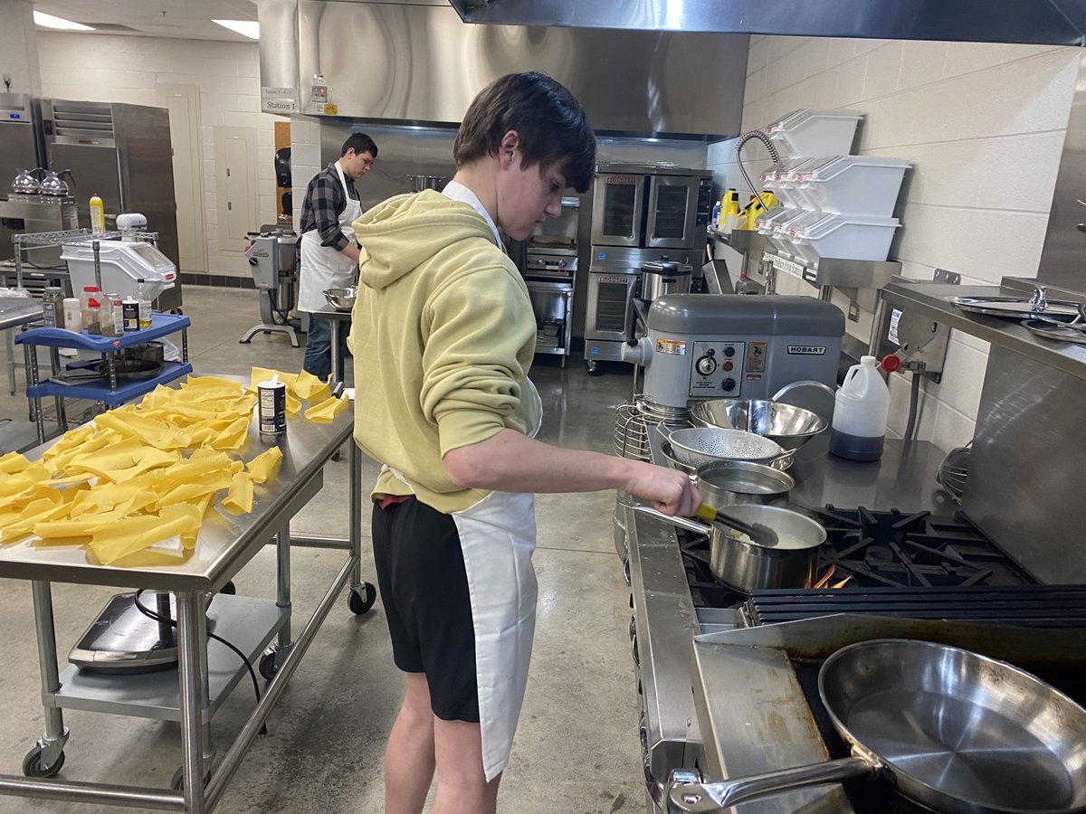 DawsonCulinary's tweet photo. Student from Introduction and Culinary 1 classes creating fresh pasta this week.  The multiple sauces was part of the experience as well.  Students made all components of the final product.  The lasagna capped our week.  Great job! https://t.co/ElQg9gNL3h