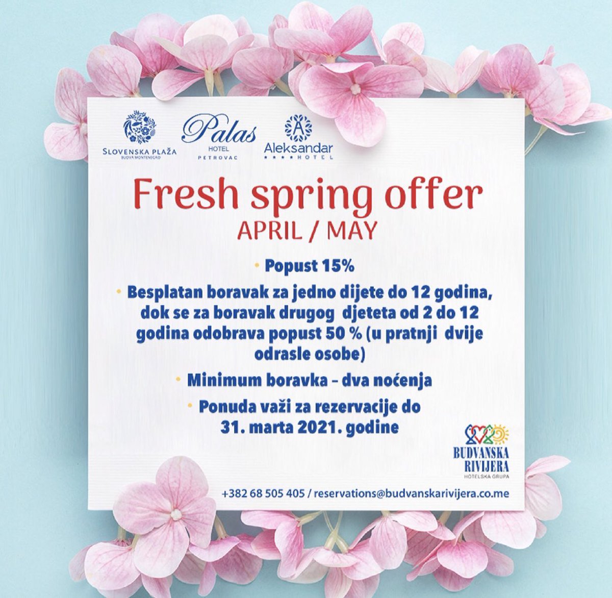 Počnite svježi ovu sezonu jer smo za vas pripremili proljećne popuste od 15% u našim hotelima Palas, Aleksandar i Slovenska plaža - za boravke u aprilu i maju, uz rok za rezervacije do 31. marta. Više informacija na: hgbudvanskarivijera.com