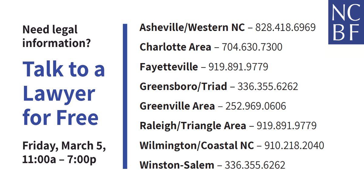 Today’s the day! Phone lines will soon be open across North Carolina for #4ALLNCBF 📞 Call the location closest to you to speak with an attorney for free from 11 a.m. until 7 p.m.!