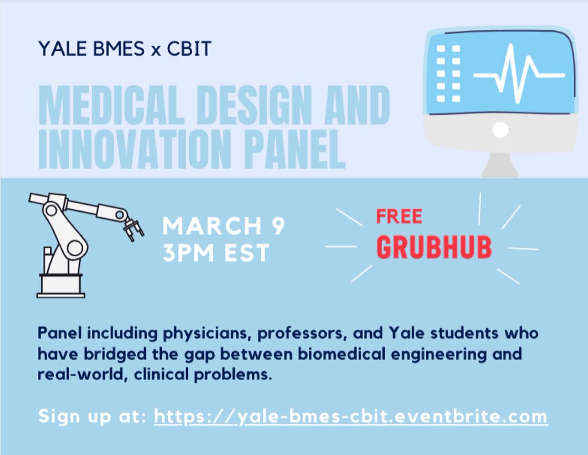 Come hear from experts on medical device innovation and entrepreneurship! FREE Grubhub giftcards available for Yale-affiliated attendees. Sign up here: yale-bmes-cbit.eventbrite.com Zoom link will be provided.