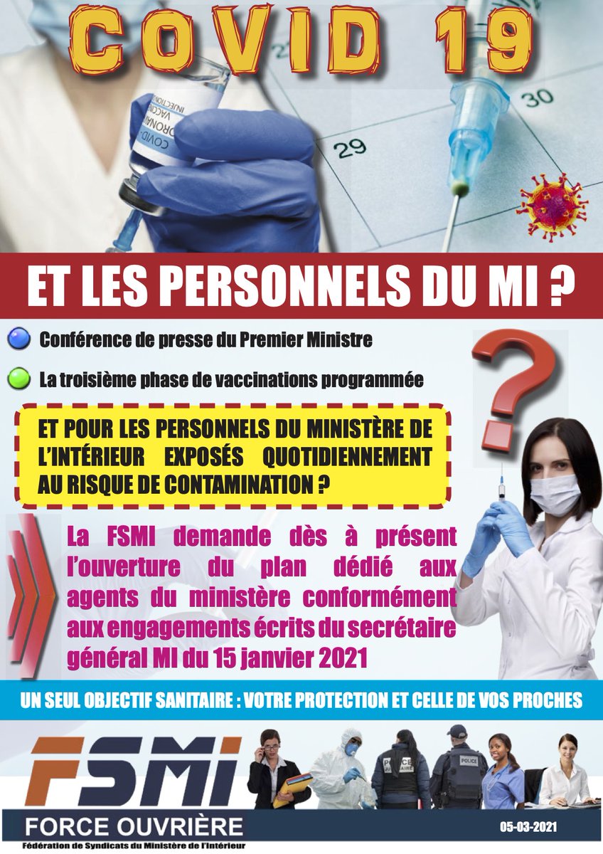 usgppPATS's tweet photo. 📃 #Covid19 🦠 • Et les personnels du MI ? 

La FSMI demande dès à présent l'ouverture du plan dédié aux agents du @Interieur_Gouv conformément aux engagements écrits du Secrétaire Général MI du 15 janvier 2021. #usgppPATS https://t.co/VNPiwh23js