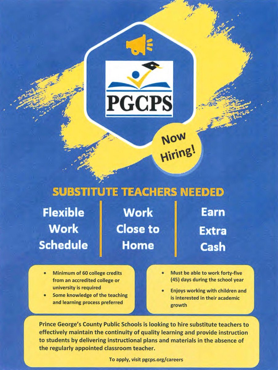 PGCPSESC's tweet photo. @UMDGradSchool @UMD_OCE @umd Prince George's County Public Schools is currently hiring Substitute Teachers. RT and share with your followers.
To apply visit https://t.co/9sAqf0oEPF https://t.co/99TeutR0Fy