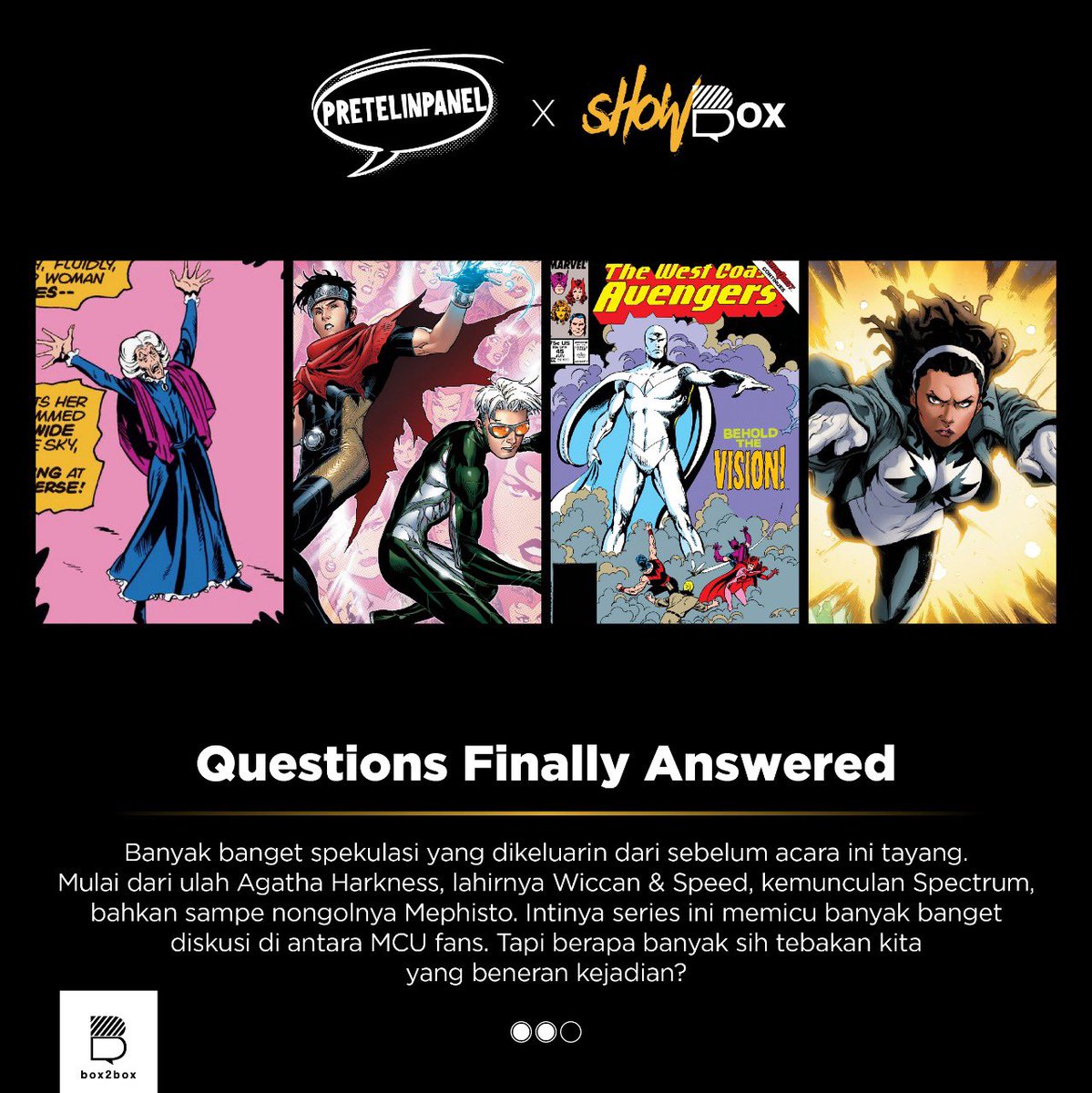komrikmania's tweet photo. And lo, there shall be a CROSSOVER! Kita teamup dengan @showboxpodcast untuk ngebahas finale #WandaVision dari sisi comic book lore! Di episode ini kita nge-deep dive easter eggs dan kaitan komik dari series ini, plus sedikit menerawang ke depan. Enjoy! https://t.co/HqEl37WQAz https://t.co/JGBu1AxJF3