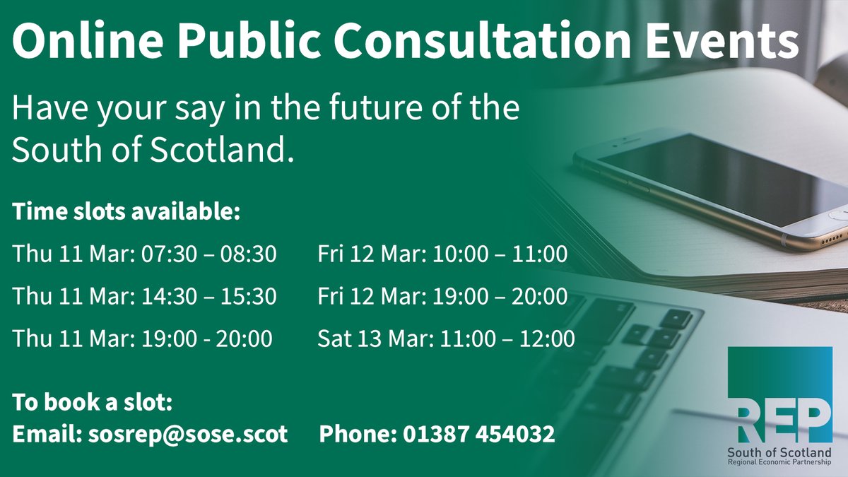 SoSEnterprise's tweet photo. Have your say!
#SOSRep are hosting online consultations next week and they need you to share your views on the future of the South of Scotland.
Visit: https://t.co/0XdcT5IhVn
#SouthofScotland https://t.co/ZaMYbeAPJj