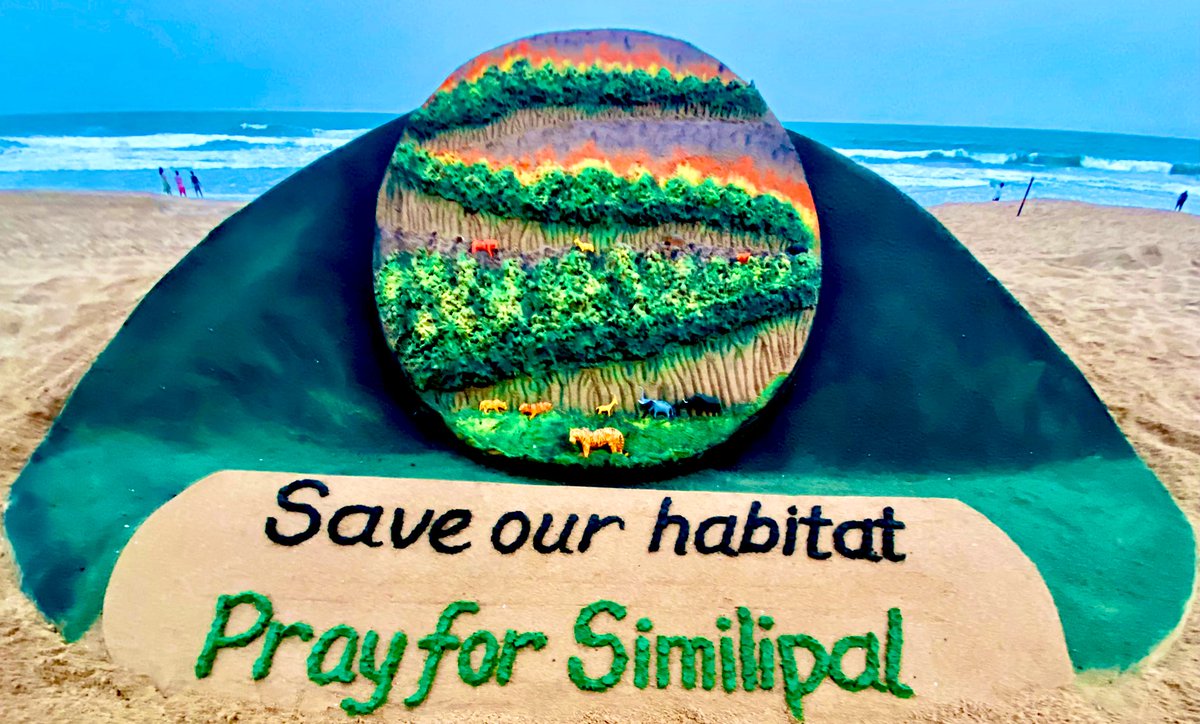 sudarsansand's tweet photo. Loss of biodiversity is irreparable and it is a concern for all . We should work together with the Government to protect the #Similipal biosphere. 
My SandArt at Puri beach with message Save Our Habitat, 
#PrayForSimilipal . 🙏 https://t.co/e6iyTNf3xj