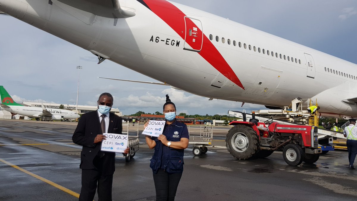 WHOMalawi's tweet photo. An exciting moment for Malawi as 360,000 first batch of #AstraZeneca vaccine is here. This is a historic step towards the goal of COVAX to ensure equitable distribution of COVID-19 vaccines globally. #VaccineEquity @WHOAFRO @MalawiUNICEF @gavi @CEPIvaccines https://t.co/3tx2iu1oU6