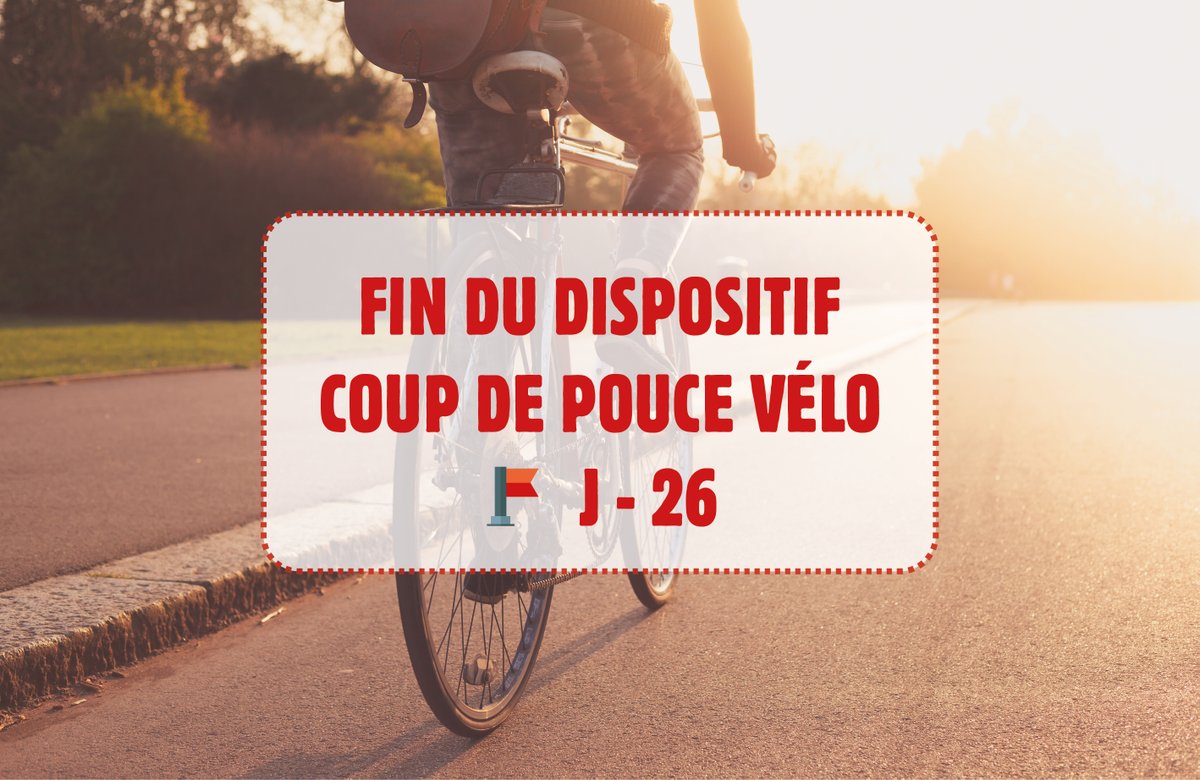 [⏳ Fin du Coup de Pouce Vélo]
J - 2️⃣6️⃣ avant la fin du dispositif #CoupdePouceVélo.
📆 31 mars 2021
👉 Inscrivez-vous sur coupdepoucevelo.fr avant qu'il ne soit trop tard !
👉 Profitez d'un cours de remise en selle gratuit ou de 50€ pour réparer votre vélo.