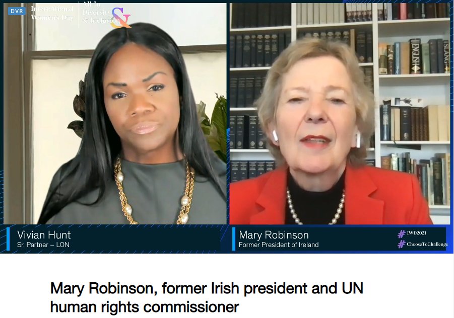 RUChadwick's tweet photo. Hugely enjoying our #IWD2021 fireside chat with President Mary Robinson, Ireland’s first woman president, on gender equity, human rights, and climate justice. @McKinsey https://t.co/modcvbPhiI