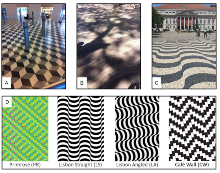 PerceptionSAGE's tweet photo. Visual-illusion floor-tiling has been common since Roman times – yet Dickson and colleagues @BristolUni show many find it "uncomfortable, aversive, affecting walking stability, and occasionally even evoking fear of falling."

"Walking on visual illusions": https://t.co/gPsoSv25hd https://t.co/EYfNLxmI8x