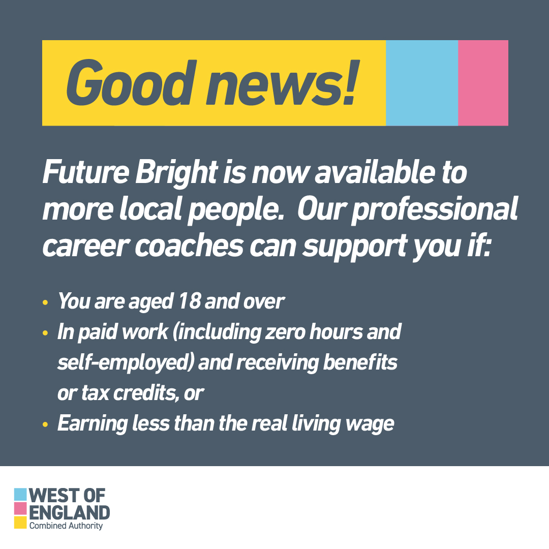 SolonSWHA's tweet image. Great news! Future Bright FREE career coaching service has been expanded. Now available to those age 18+, in paid work (inc. zero hours and self-employed) and earning less than real living wage or receiving benefits
futurebright.org.uk #careercoaching #jobsupport