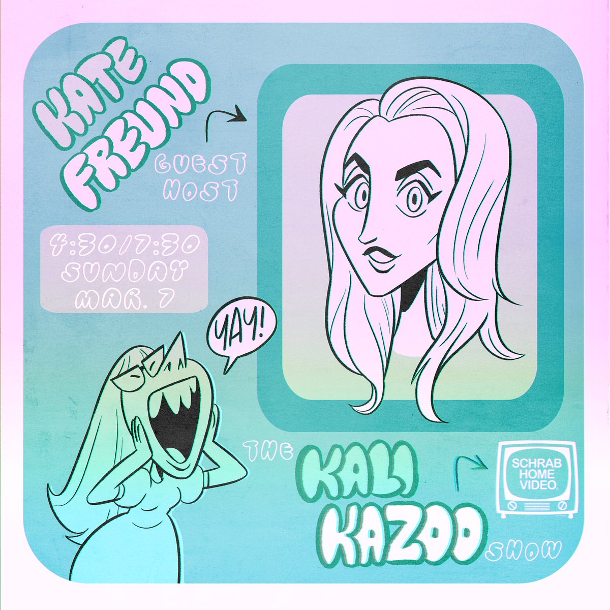 RobSchrab's tweet image. It's "The KALI KAZOO SHOW!" Music! Art! &amp;amp; KATE FREUND a.k.a @cakekid -- This SUNDAY at 4:30 pm Pacific / 7:30 pm Eastern! Streaming LIVE only at SchrabHomeVideo.com! #SchrabHomeVideo #katefreund #KaliKazooShow
