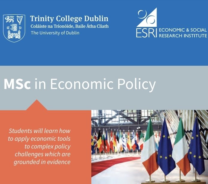Do you have an interest in Policy issues? Would you like to upskill your Economics toolkit? If so, then this new joint MSc Economic Policy run by TCD Economics and the ESRI is for you!  Visit us at TCD postgrad open day tomorrow  tcd.ie/postgraduate/ 
tcd.ie/economics