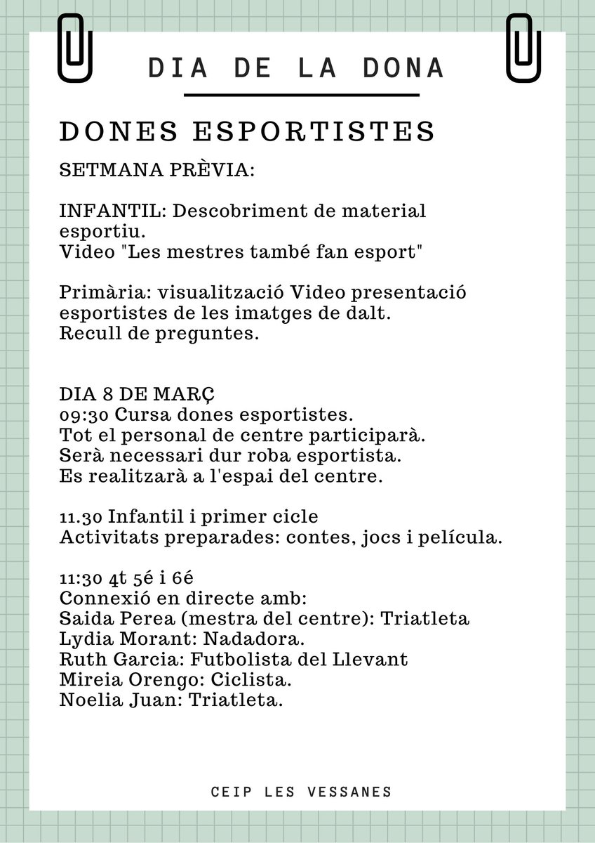8M: Temàtica de dones esportistes, farem activitats però destaquem la cursa del dia de la dona i una connexió en directe amb esportistes de la CV professionals. Gràcies
youtube.com/watch?v=zyy-WH… video presentació d'elles.