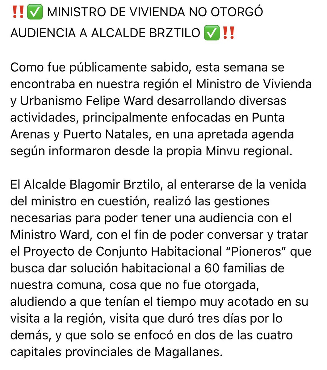 muniprimavera's tweet photo. ✅MINISTRO DE VIVIENDA NO OTORGÓ AUDIENCIA A ALCALDE BRZTILO ✅

Ministro @FelipeWard @Minvu realizó visita a la región y no otorgó audiencia a Alcalde Brztilo para conversar y tratar sobre Conjunto Habitacional “Pioneros” para Primavera [lea a continuación...] https://t.co/HyPTvSvURA