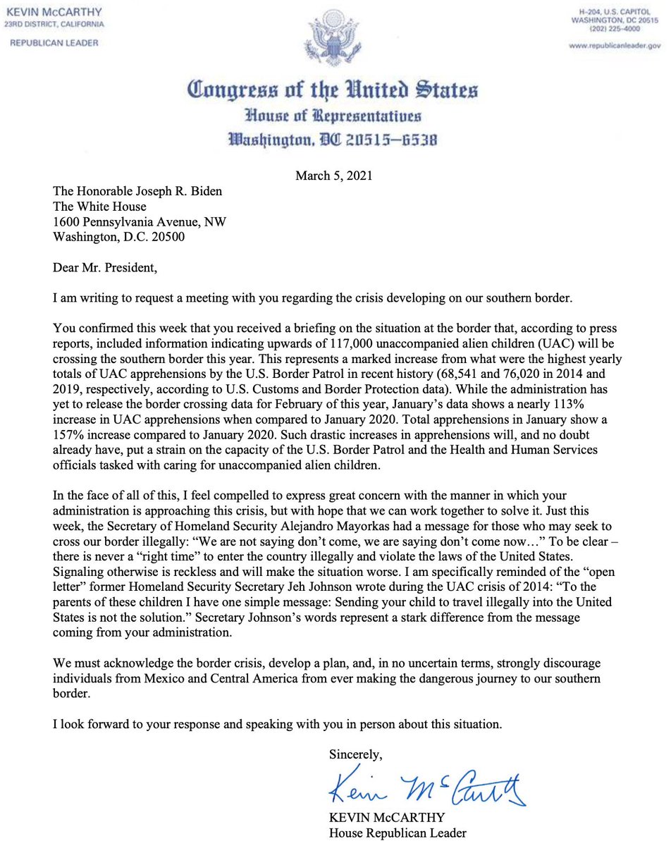 I just wrote to President Biden to request a meeting regarding the crisis developing on our southern border.
We must acknowledge the crisis, develop a plan, and in no uncertain terms, strongly discourage people from making the dangerous journey to cross illegally. https://t.co/VsSGXdAOxw