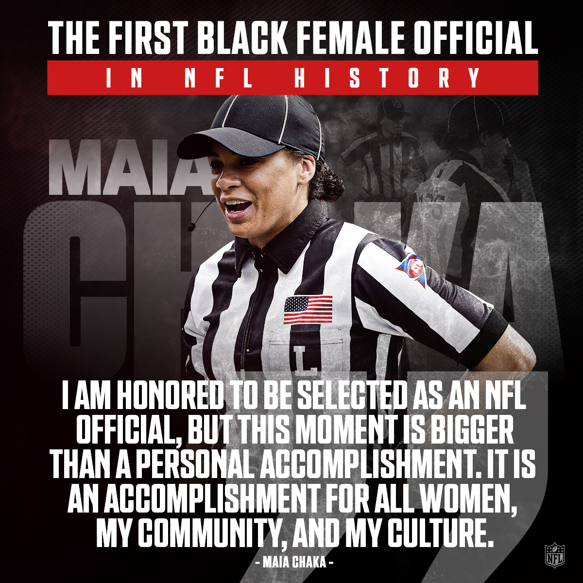 NFLOfficiating's tweet image. We welcome Maia Chaka to the 2021 roster of game officials! 

Maia makes history as the first Black woman to officiate at the @NFL level. ops.nfl.com/3sRP0qd
