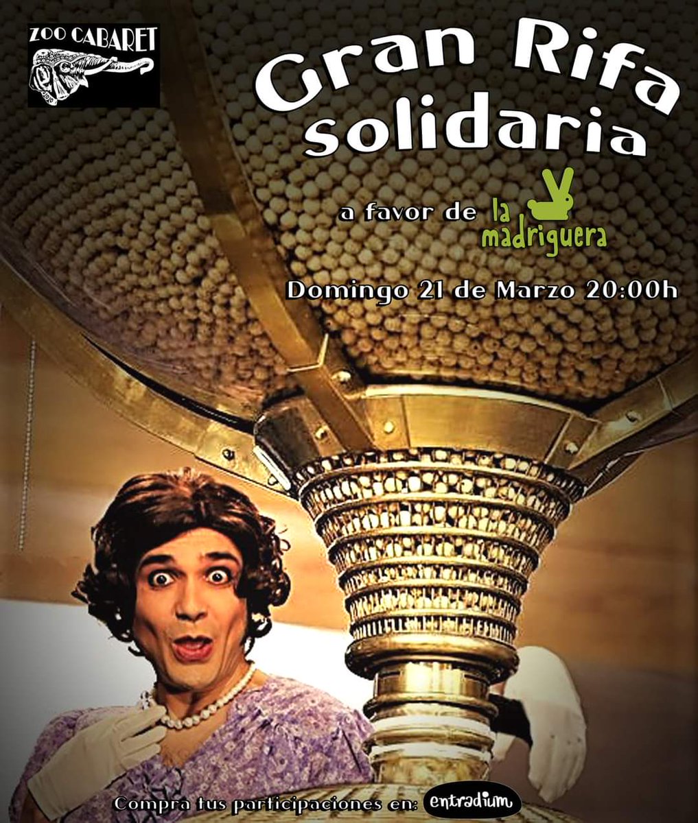 RIFA SOLIDARIA a favor de la Asociación Cultural <a href="/la_madriguera__/">LaMadriguera Murcia</a>
Adquiere tus boletos en 
entradium.com/events/rifa-so…
(Toda la info en el link. Y cualquier duda, pregunta) 
Podrás ganar un premio de un bicho de #zoocabaret
Animaos a participar! #laculturaesnecesaria