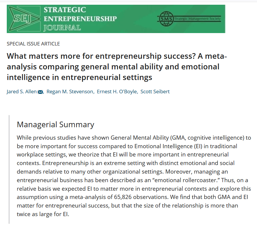 It's time for Silicon Valley to take emotional intelligence seriously.

Data: emotional intelligence is at least as important as IQ in startup revenue &amp; growth.

Skill in managing emotions is key to taking criticism, inspiring after failure, and avoiding complacency after success