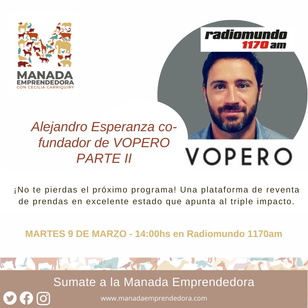 No te pierdas el próximo martes a @espe_ale, co-fundador y CEO de <a href="/voperoapp/">Vopero</a> 

Conocé cómo creó la plataforma más simple de re-compra y re-venta de moda que está revolucionando el mundo retail.

🎧 el martes a las 14hs en la app de <a href="/radiomundo1170/">Radiomundo 1170 AM</a> o en linktr.ee/manda_podcast