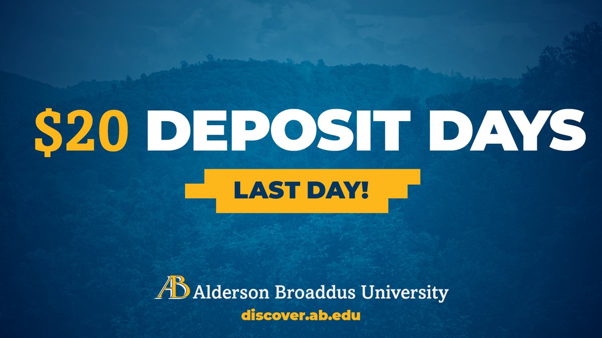 REMINDER: Today is the last day you can secure your spot at AB for only $20! A deposit is required of all students. Make your deposit, today, through your personalized AB portal: discover.ab.edu OR contact the Office of Admissions at 304.457.6256 or 1.800.263.1549!