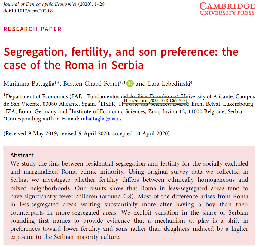 Pleased to see my paper 'Segregation, fertility, and son preference: the case of the Roma in Serbia', co-authored with Marianna Battaglia and @laralebedinski, published in the Journal of Demographic Economics. doi.org/10.1017/dem.20… A thread: