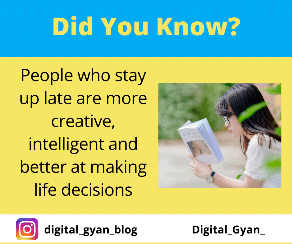 Digital_Gyan_'s tweet photo. Studies show that night owls and those who wake up later actually are smarter and more creative than their early rising counterparts. They also have higher IQs according to The Independent.
#facts #knowledge #digital_gyan_blog #study #intelligent https://t.co/JHRDncrpPP