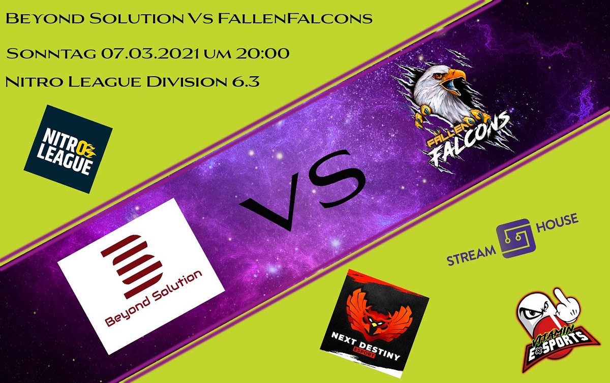 Seit live auf twitch dabei wenn unser Main Team Vs Beyond Solution im 2. Nitro League Spiel in der Division 6.3 am Sonntag (07.03) um 20:00Uhr spielt

__ __ __ __ __ __ __ __ __ __ __ __ __ __ __ __

Unsere Partner:
<a href="/Streamhouseat/">Streamhouse</a>
@eSports_NDe
<a href="/3dGaming_org/">3D-Gaming</a>
Vitamin eSport