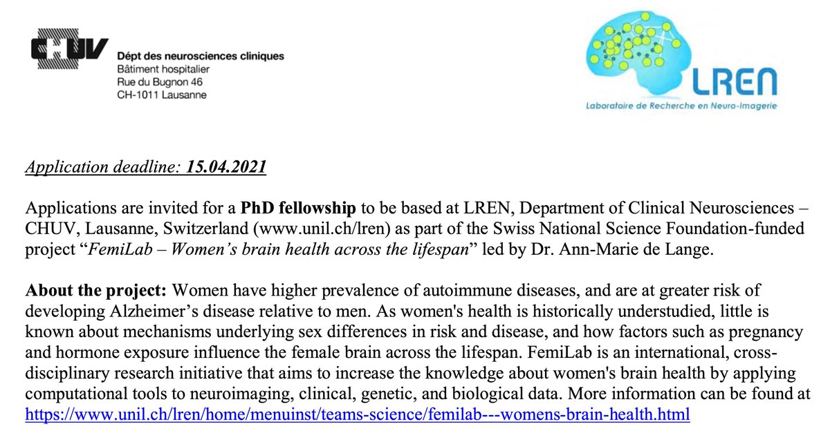 Ann-Marie de Lange (@annmariedelange) on Twitter photo PhD position available in FemiLab <a href="/lreninfo/">LREN - Laboratoire de recherche en neuroimagerie</a> <a href="/CHUVLausanne/">CHUV / Centre hospitalier universitaire vaudois</a> <a href="/unil/">Université de Lausanne</a>! This is a great opportunity to work on women's brain health together with a supportive team of international researchers.
Full advertisement here: bit.ly/3c3FuJY
Please share and retweet! PhD position available in FemiLab <a href="/lreninfo/">LREN - Laboratoire de recherche en neuroimagerie</a> <a href="/CHUVLausanne/">CHUV / Centre hospitalier universitaire vaudois</a> <a href="/unil/">Université de Lausanne</a>! This is a great opportunity to work on women's brain health together with a supportive team of international researchers.
Full advertisement here: bit.ly/3c3FuJY
Please share and retweet!