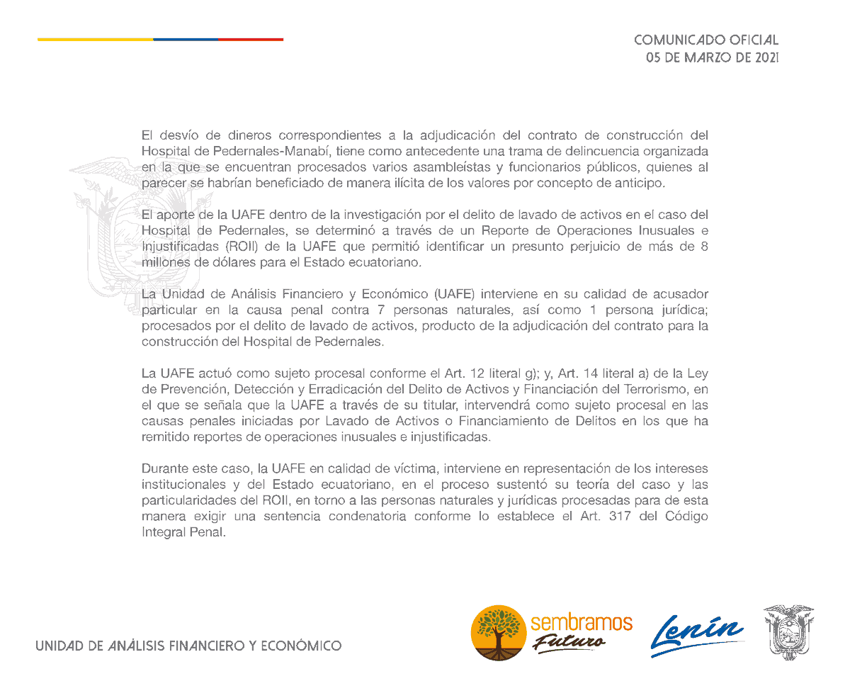 UAFE_EC's tweet photo. #ATENCION| El  ROII de la #UAFE una de las piezas clave en el juicio por el delito de lavado de activos, producto de la adjudicación del contrato para la construcción del Hospital de Pedernales. Se estima un perjuicio para el Estado de USD 8 millones.
➡️https://t.co/WhZ1LgCp3Y https://t.co/MDFuPImyEO