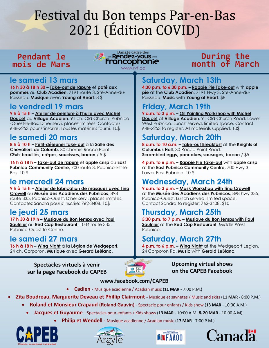 Le CAPEB est heureux de vous présenter l'horaire du Festival du Bon temps Par-en-Bas 2021 (édition COVID). Plusieurs spectacles virtuels seront diffusés sur notre page Facebook et il y aura aussi des activités sur place. Merci et bon festival!