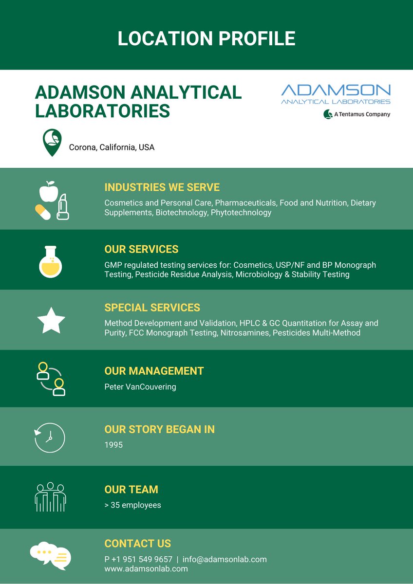 Tentamus's tweet image. Another month - another profile. Get to know our labs! 
Today, we happily present Adamson Analytical Laboratories 🇺🇸 

Learn more about AAL at adamsonlab.com

#Tentamus #cosmetics #GMPtesting #foodtesting #USA