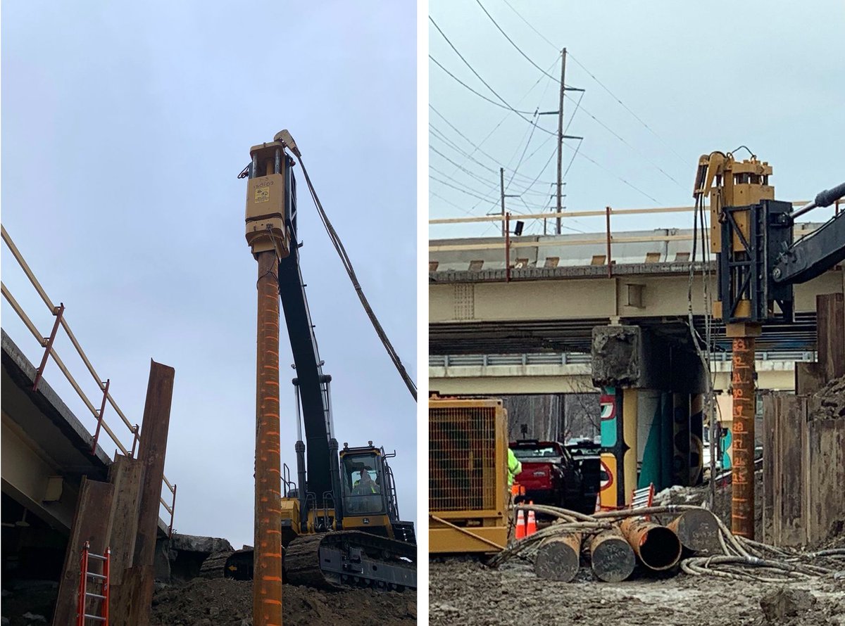 apeincorporated's tweet photo. Bridge abutments for INDOT project using APE’s 7-3 HIH with an excavator setup. Driving 16” pipe pile for using this versatile, light mobilization method - another tool in the toolbox. #piledriving #drivenpile #GoAPE https://t.co/dEZUI5wy0i