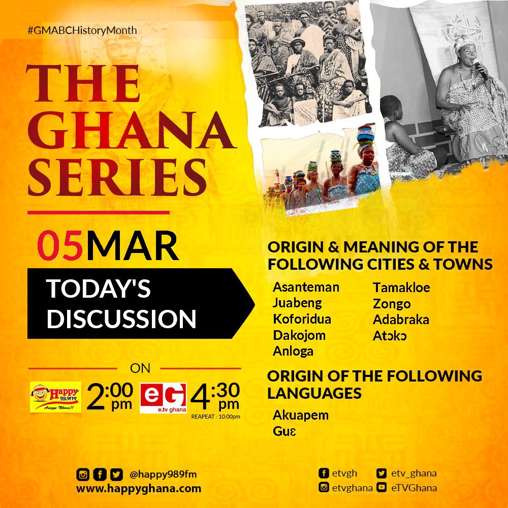 YSportsGh's tweet photo. Don’t miss today’s episode on our cultural and history journey as we delve into the origin and meaning of selected cities and towns in Ghana.
Do you know the origin of the Akuapem language?Then, tune in at 4:30PM for today's edition of 'The Ghana Series'

#GMABCHistoryMonth https://t.co/oEQqJOf5BO