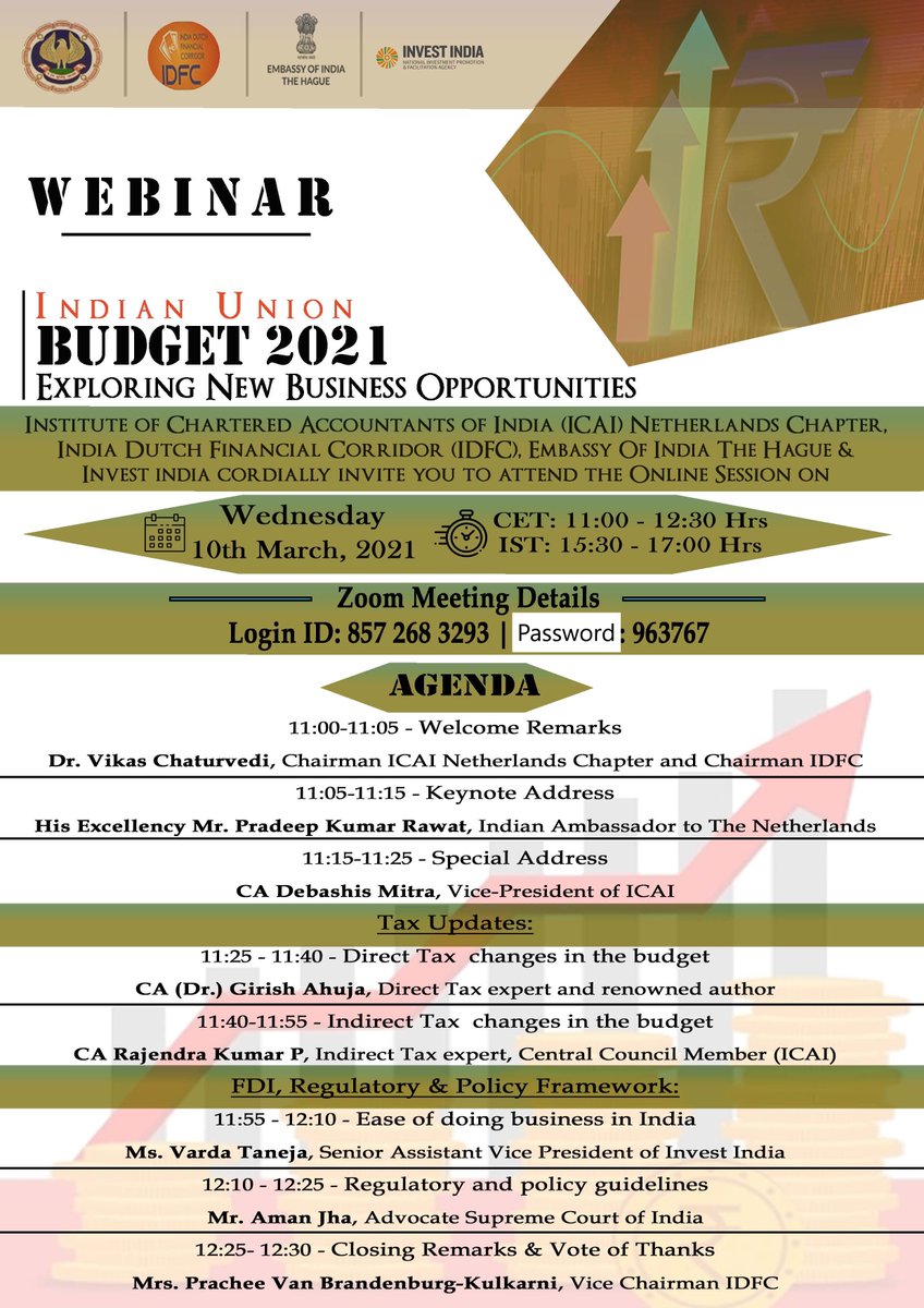 Indo-Dutch Financial Corridor &amp; <a href="/theicai/">Institute of Chartered Accountants of India - ICAI</a> Netherlands Chapter, together with Indian Embassy &amp; <a href="/investindia/">Invest India</a> invite you to a webinar on “Indian Union Budget 2021: Exploring New Business Opportunities” on March 10 at 11:00 hrs CET (15:30 IST). To participate mail info@idfc.nl