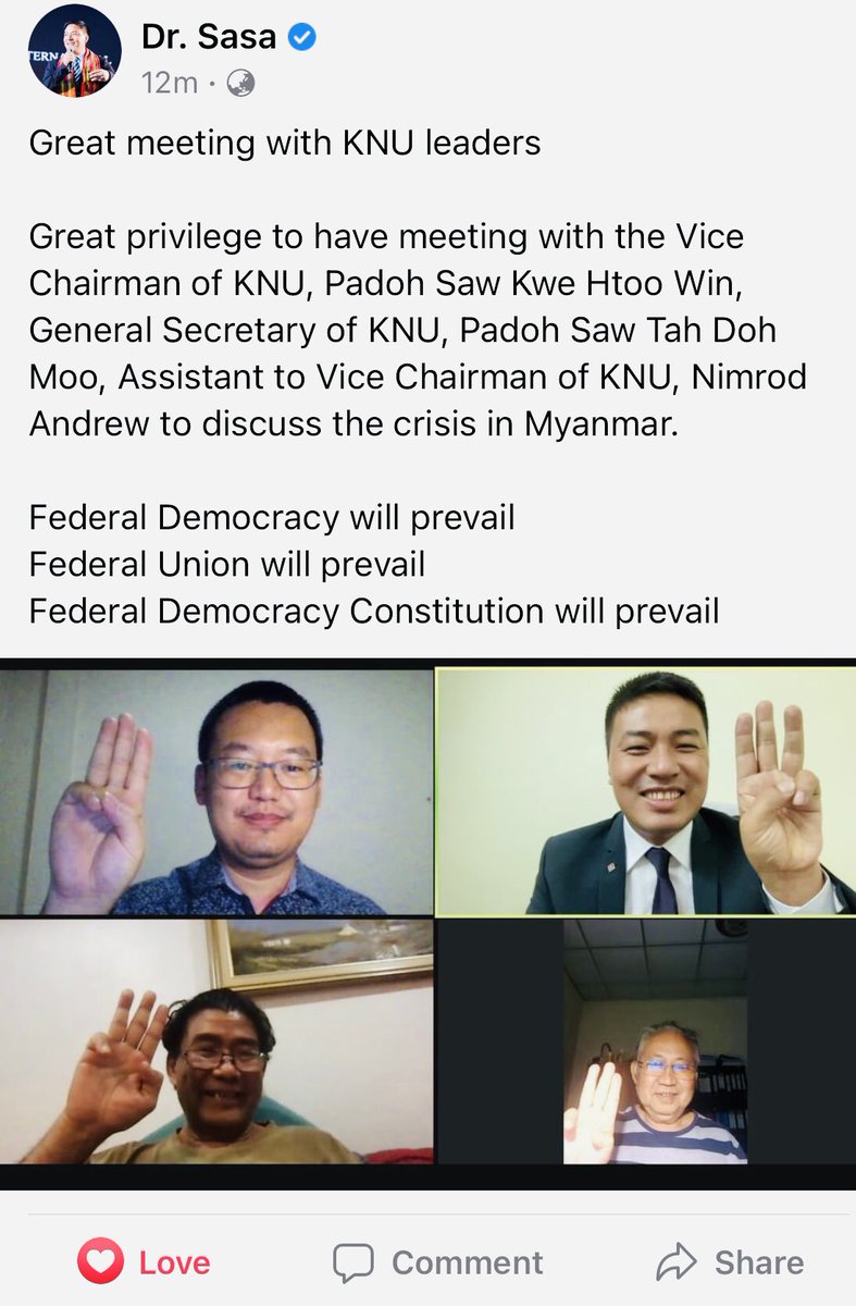 #KNU is very honour to meet with Dr. Sasa <a href="/drsasa_mm/">Dr.Sasa-Supporter</a> this evening and discuss about his important role as special envoy for Myanmar🇲🇲&amp; ethnic issue. Thank you for meeting with us with your busy schedule Dr. We wish you all the best with your endeavours.#WhatIsHappeningInMyanmar