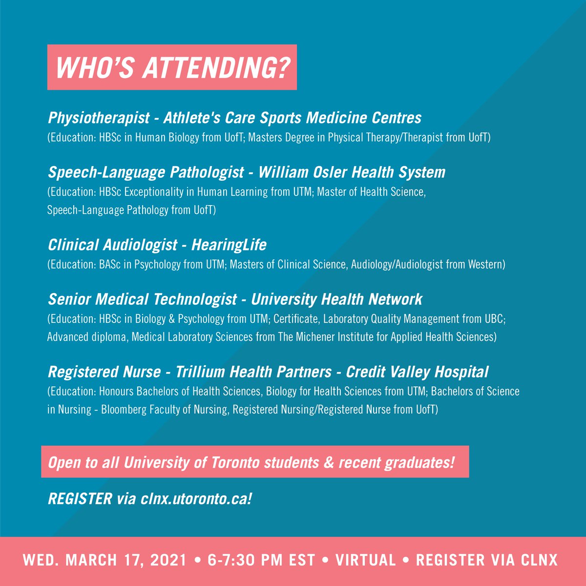 UTMCareerCentre's tweet photo. Calling all students &amp; recent grads🗣
We have another networking event, Careers in Applied Health Care, brought to you in partnership with @utmpause!
Come network with UofT Alumni, build connections, and explore possibilities! Register via CLNx! ✨ https://t.co/plz6bNqPM4