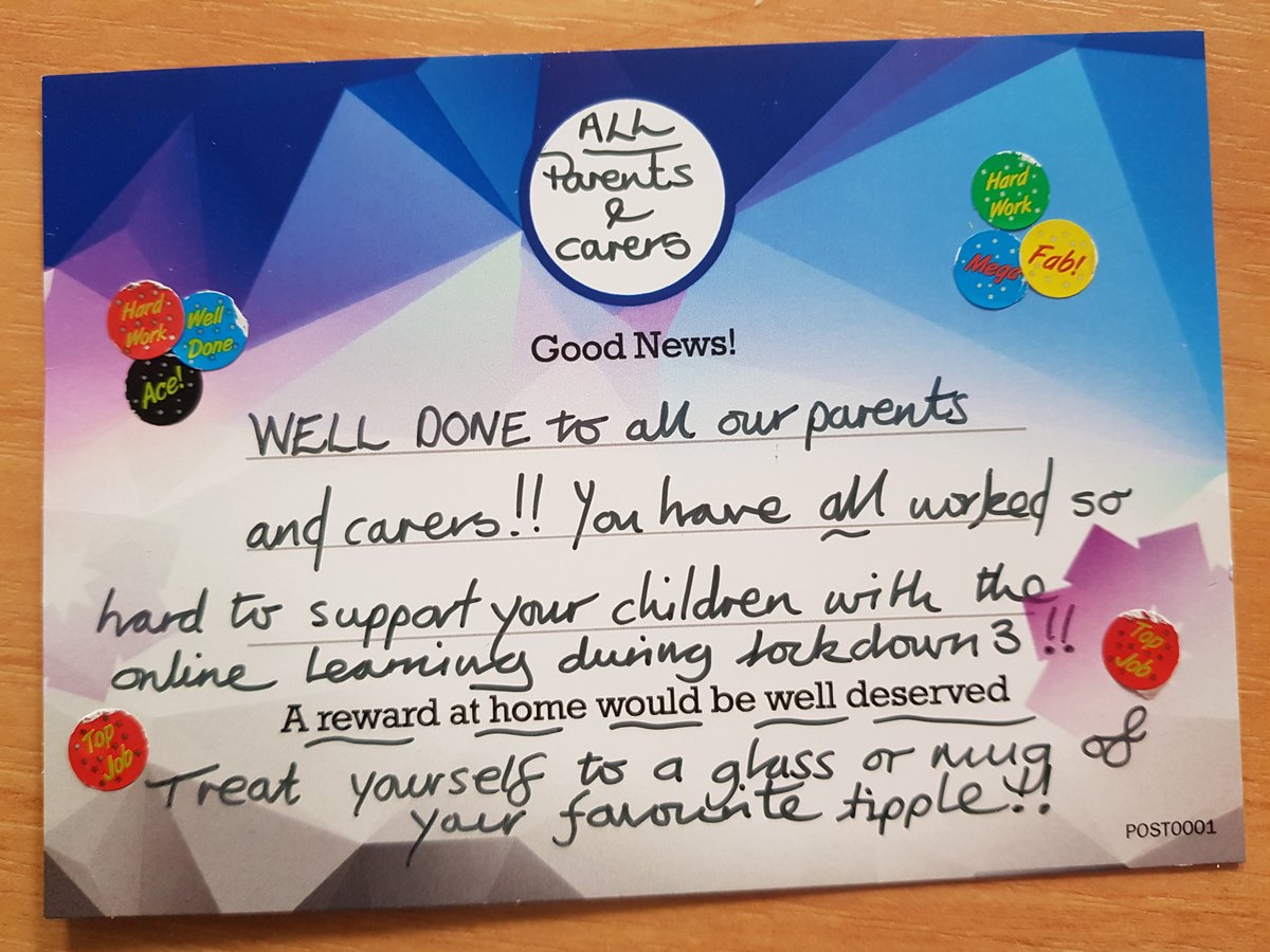That time of week again-off to the post box to send out our postcards! Look at this special one though - this is for all our parents/carers who have supported us with online learning whilst juggling work and family life during lockdown 3! WEL DONE! See you all on Monday!