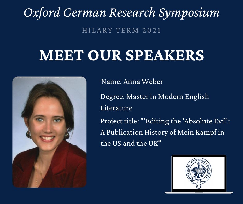 We are delighted to introduce you to one of our speakers for our Research Symposium: Anna Weber! She will be presenting her project "Editing the 'Absolute Evil': A Publication History of Mein Kampf in the US and the UK". More info about Anna and her research on our Facebook page.