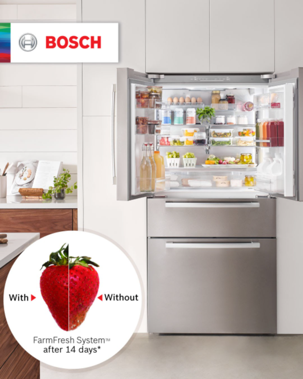 Passionate about food? We are too! Keep your food fresher, longer with our FarmFresh™ free standing fridge, a variety of styles and handle options will fit any design. #boschappliances #theapplianceplace