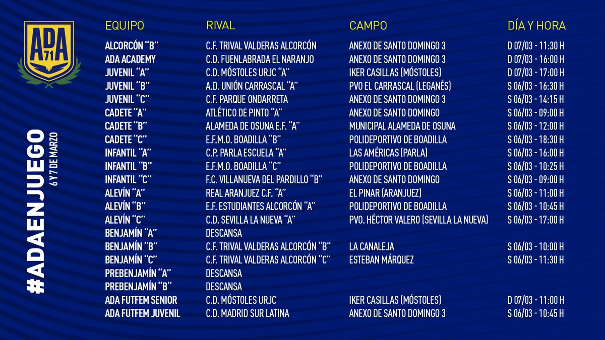 AD_Alcorcon's tweet photo. #ADABase
Este fin de semana destaca el #DerbiDeAlcorcón entre el #AlcorB y el @trivalvalderas que viviremos el domingo en el anexo. Además, el domingo por la tarde, el #JuvenilA cerrará la primera fase con el objetivo cumplido visitando al @CDMostoles.
¡Feliz jornada a todos! 🍀 https://t.co/8OnPrZAhO8