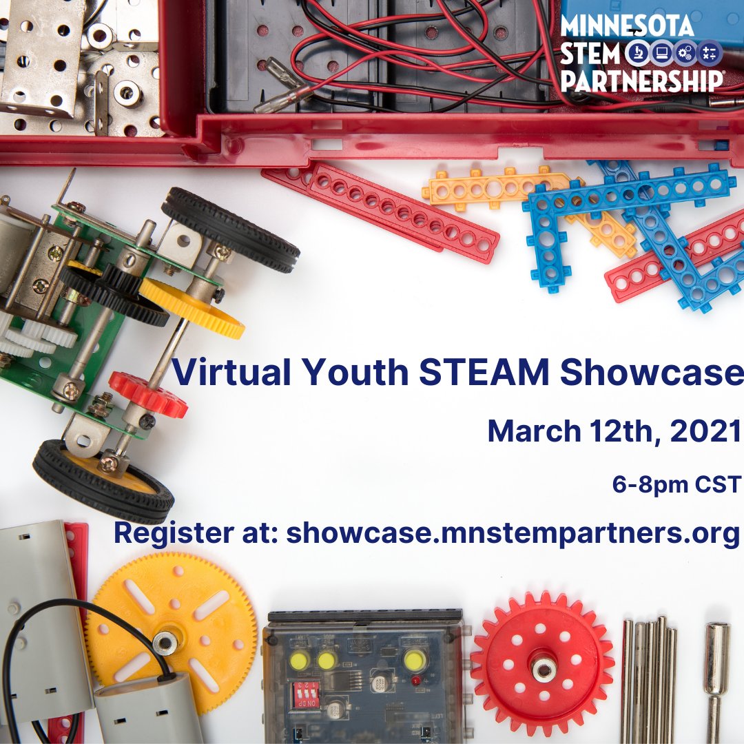 MnSTEMpartners's tweet photo. We're one week away from our 3rd annual Virtual Youth STEAM Showcase! Registration is free! Don't miss the opportunity to hear about what #MNSTEMPartners is doing to educate students in emerging technologies. #STEM #Robotics #coding #drones https://t.co/nNOyPFA5W0