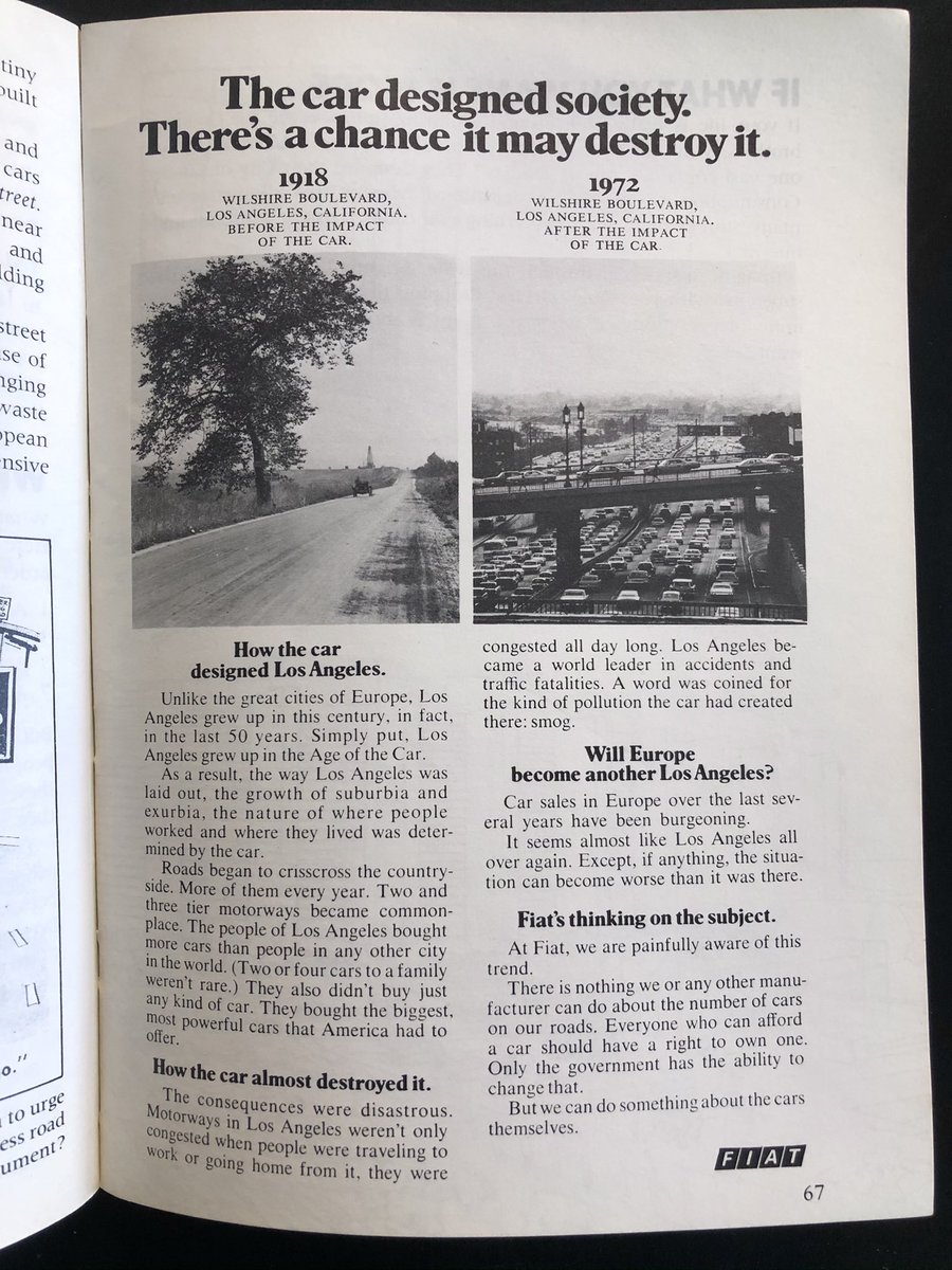 This is a most extraordinary Fiat ad, found in the 1974 book “Human Space Utopia” by Colin Ward. Effectively an admission by Fiat that cars have destroyed society and suggesting only government can change (innovate) that situation cc <a href="/MazzucatoM/">Mariana Mazzucato</a> <a href="/BrentToderian/">Brent Toderian</a> @StockholmCyclo