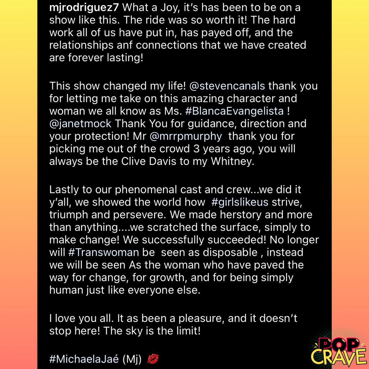 .@MjRodriguez7 responds to the announcement that ‘Pose’ will end with season 3 in new Instagram post: “We made herstory and more than anything... we scratched the surface, simply to make change! We successfully succeeded! No longer will trans women be seen as disposable...”