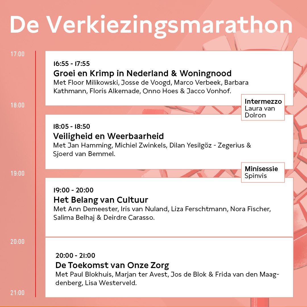 #DeVerkiezingsmarathon 
Za 6/3: bit.ly/3e1dE3q

BLOK 8 ➡️ 20:00 - 21:00
De Toekomst van Onze Zorg

Met <a href="/PaulBlokhuis/">Paul Blokhuis</a>, <a href="/marjanteravest/">Marjan ter Avest</a> (<a href="/wijzijnmind/">MIND</a>), <a href="/josdeblok/">Jos de Blok</a>, Frida van den Maagdenberg &amp; <a href="/Lisawesterveld/">Lisa Westerveld 🟥</a>

<a href="/PostcodeLoterij/">Postcode Loterij</a>