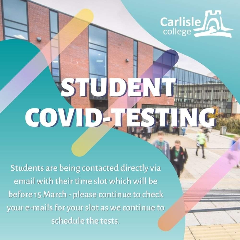 CarlisleCollege's tweet photo. Student Covid-Testing
As part of the return to College from 15 March, all students will be invited to take three Covid-19 tests.
For more information visit https://t.co/yYfOJcGD9y https://t.co/2X8SivZepu